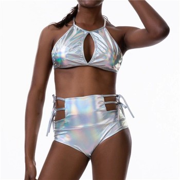 Wet Look Holographic Two Piece Sets Shiny Halter Hollow Out Bra Crop Tops Sexy Bandage Shorts Summer Night Club 2 Pcs Outfits